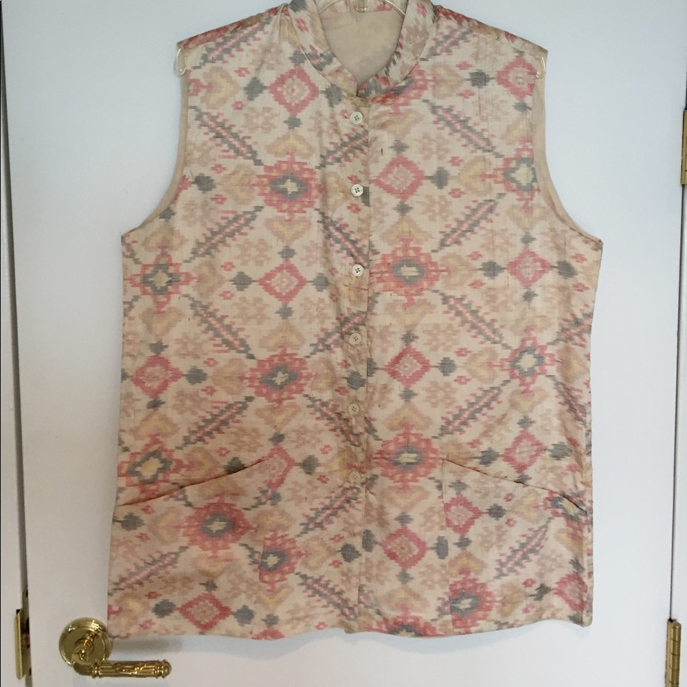 Nehru Modi Jacket Vest sleeveless lined FabIndia style handwove Ikat raw silk XL